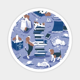 Life is better with books a hot drink and a friend // pattern // indigo blue background brown white and blue beagles and cats and classic blue cozy details Magnet